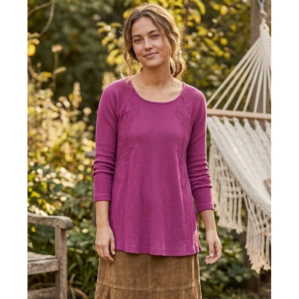 Soft Surroundings Magenta Purple Waffle Knit Embroidered Thermal Top S boho chic